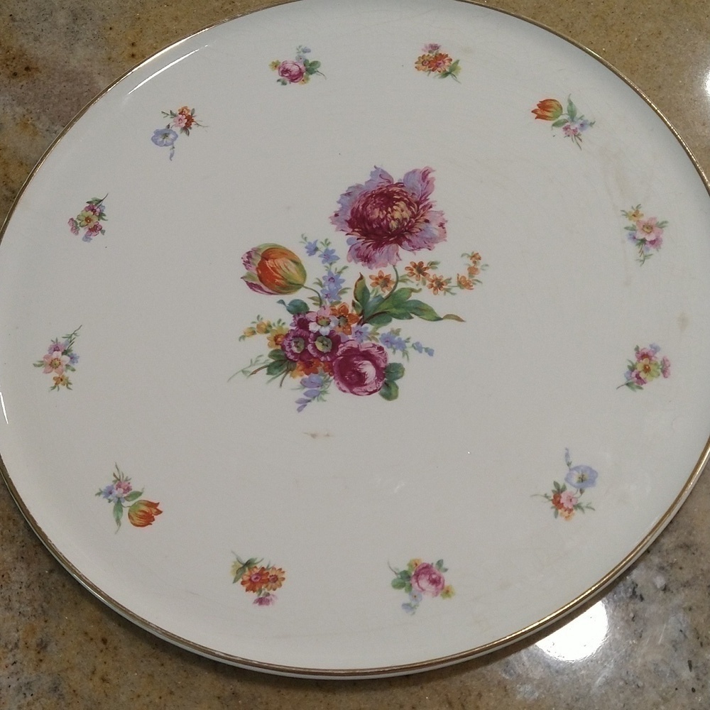 Vintage Erphila art pottery cake plate made in Germany 11 1/4"  tulip peony rose